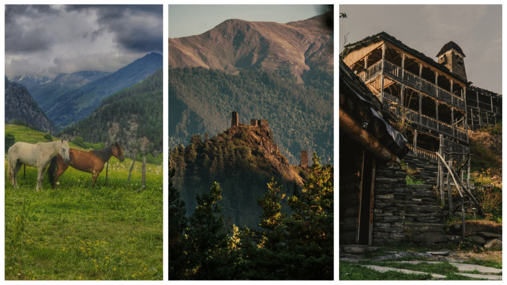 Panoramic view of Tusheti mountains and ancient towers